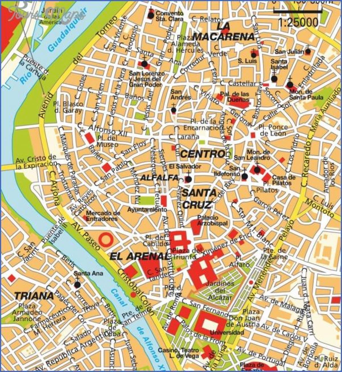 Sevilla spanje-kaart, toerisme-aantreklikhede